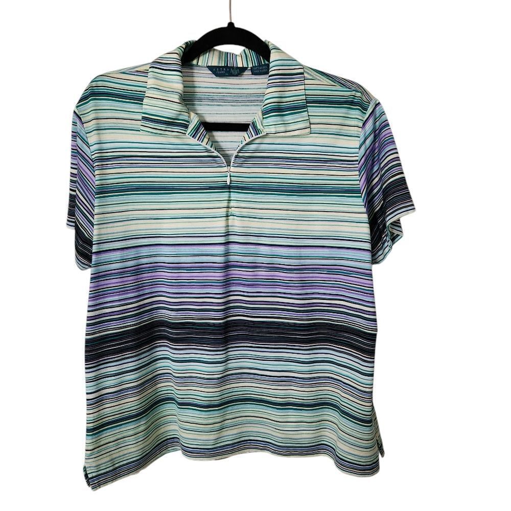 Astra Classic Womens Striped Polo Golf Shirt with Zip Neckline Slim Fit Size XL